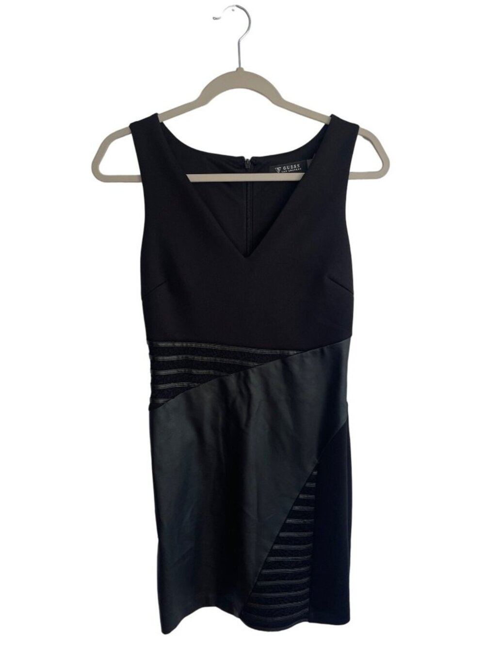 GUESS Black Faux Leather V-Neck Bodycon Dress Size 2 Stretch Mini Party Dress - Picture 2 of 12